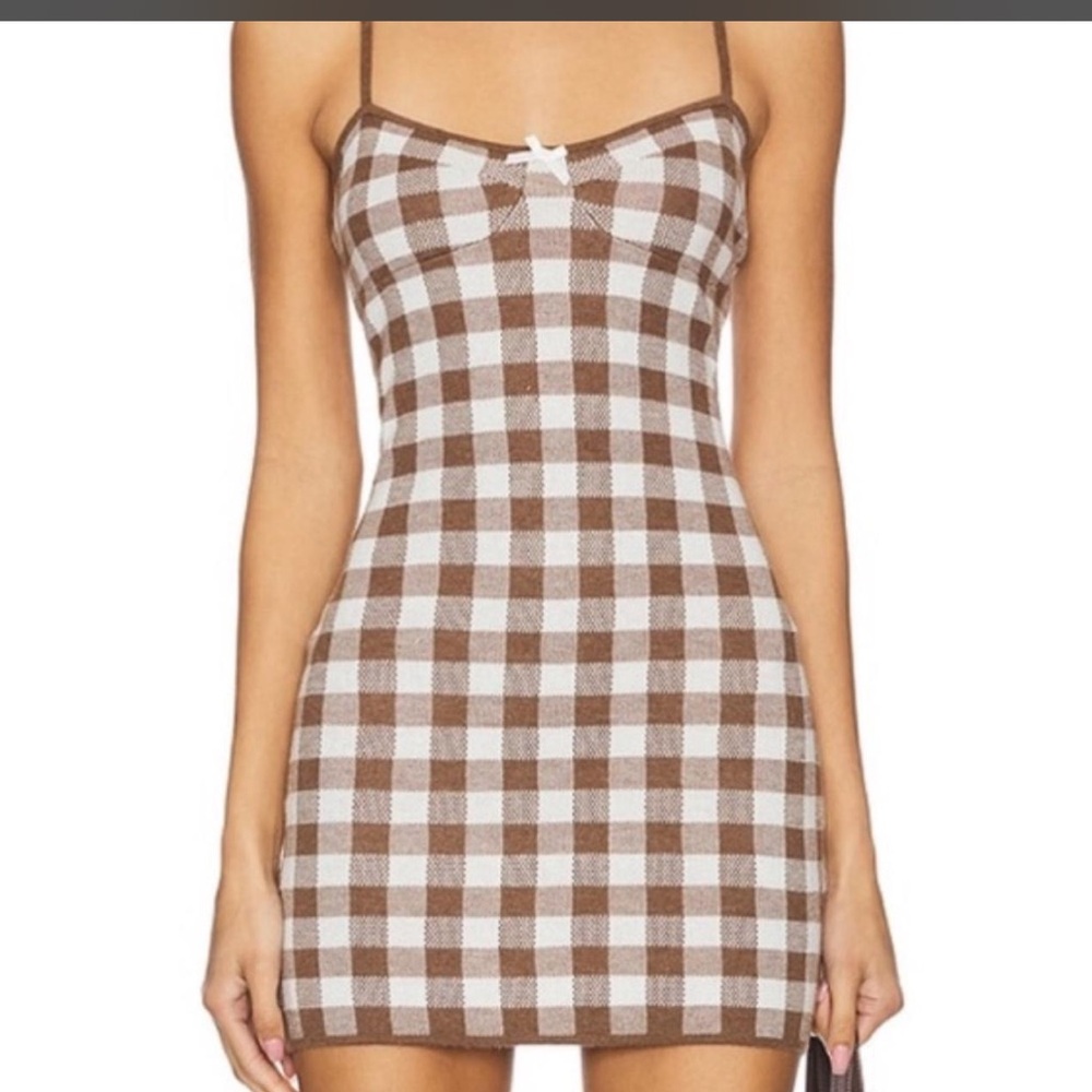 For Love & Lemons Brown and White Gingham Mini Dress